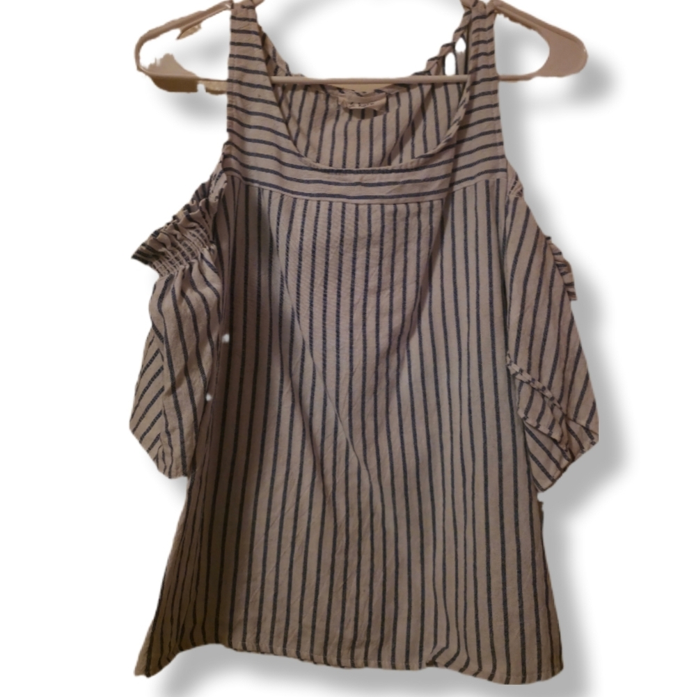 Le Kate Size Medium Blue And White Striped Cold Shoulder Top